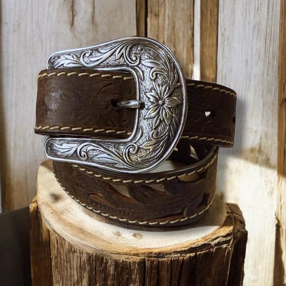 Red River Outfitters Western Belt Kids Brown Tooled Leather Cowboy Cowgirl Sz 22 - Picture 1 of 10